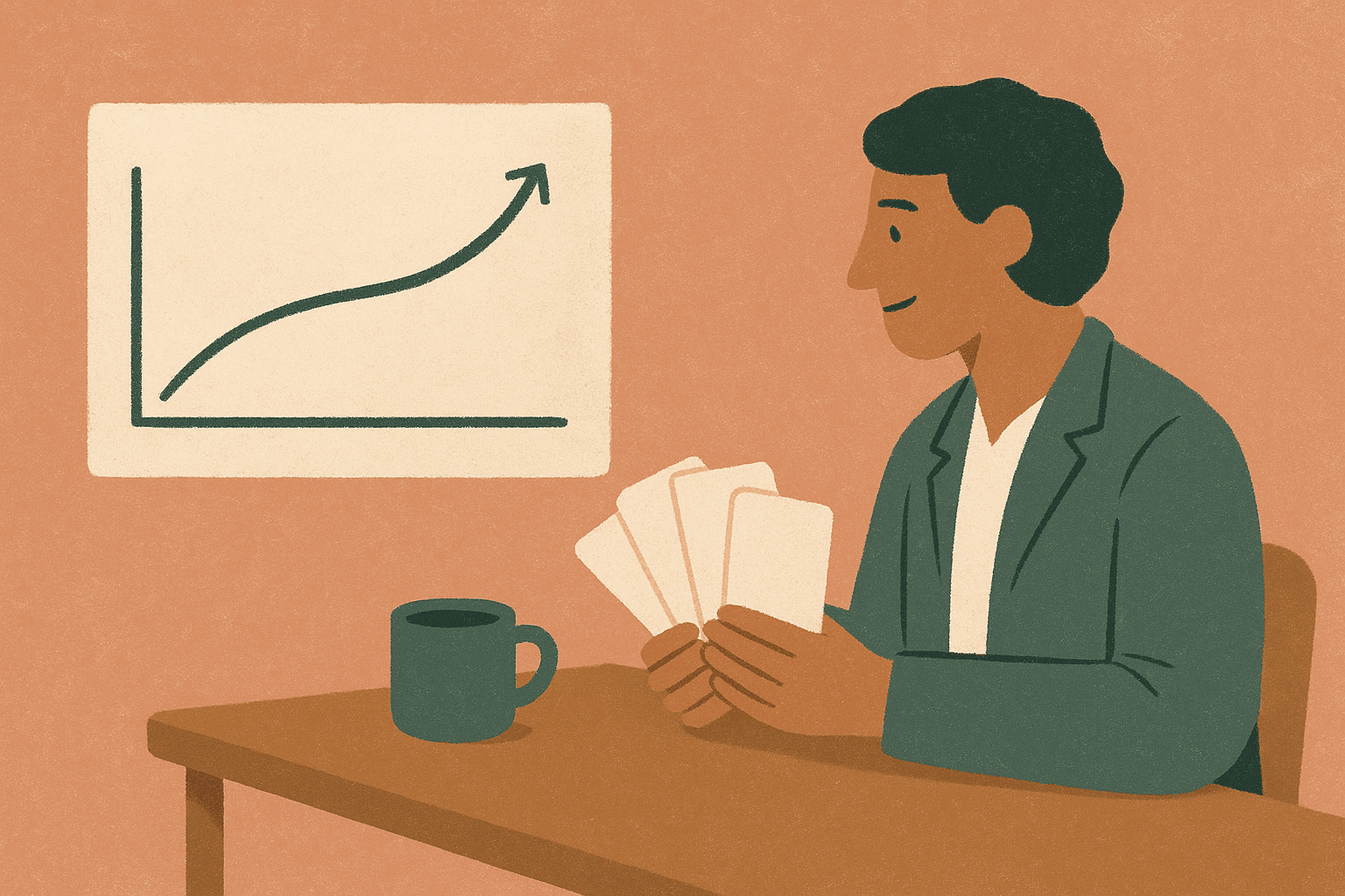 Illustration of an account manager reviewing a book of customer accounts, with growth and renewal icons.