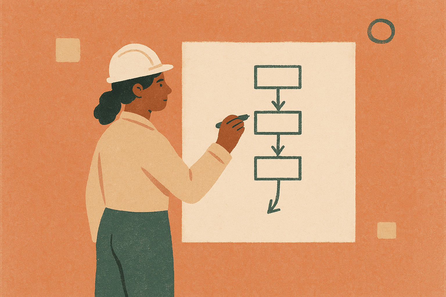 Illustration of a first commercial hire sketching a go-to-market motion on a blank board.