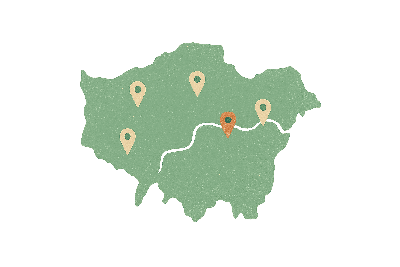 Illustration of a London map with location pins marking the lettings patch.